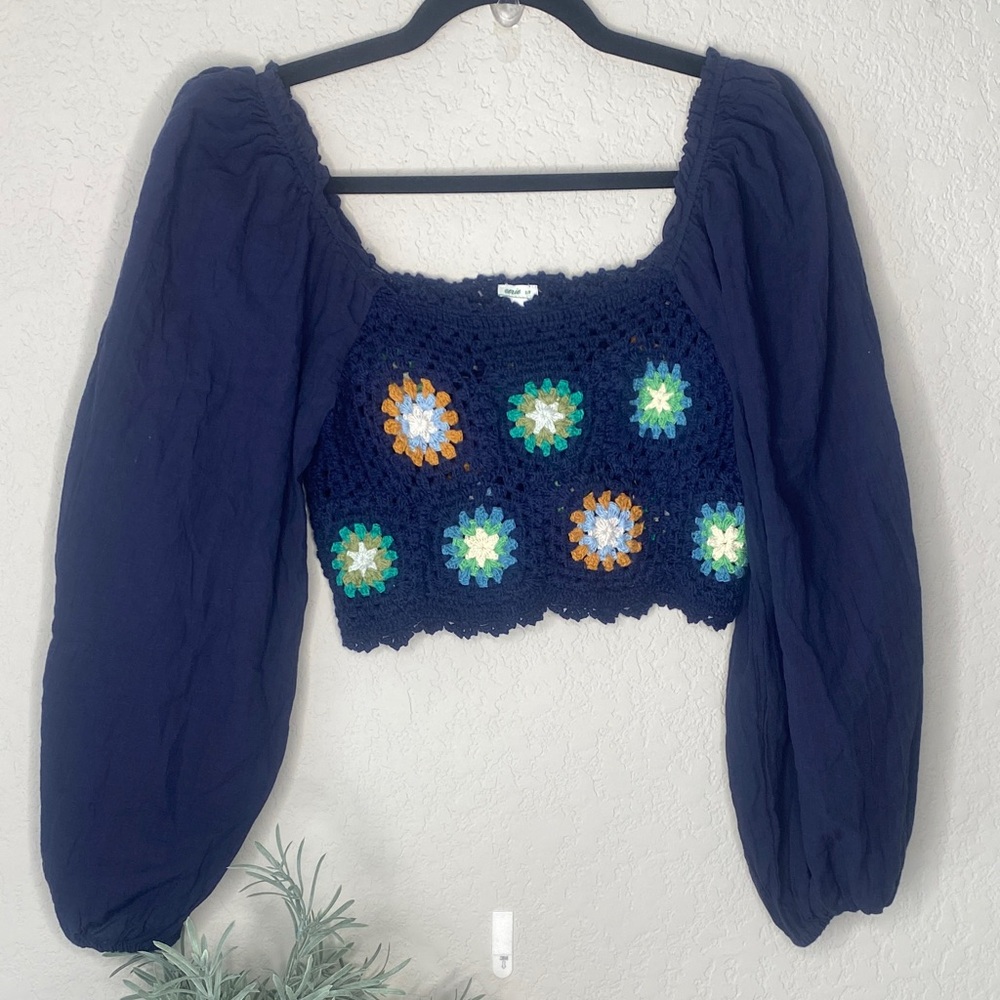 aerie Navy Crochet Puff-Sleeve Crop Top with Multicolor Floral Motifs
